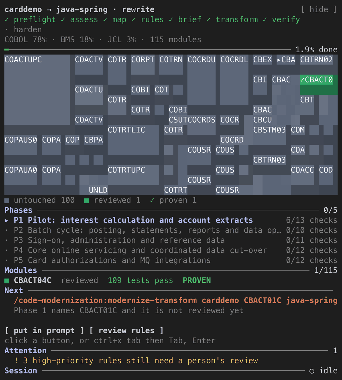 The pane for a COBOL rewrite: the system and its steps, the map of the code with the reviewed module's tile green and marked as proven, the phases of the plan, the built module with its PROVEN chip, the next command, and what needs attention